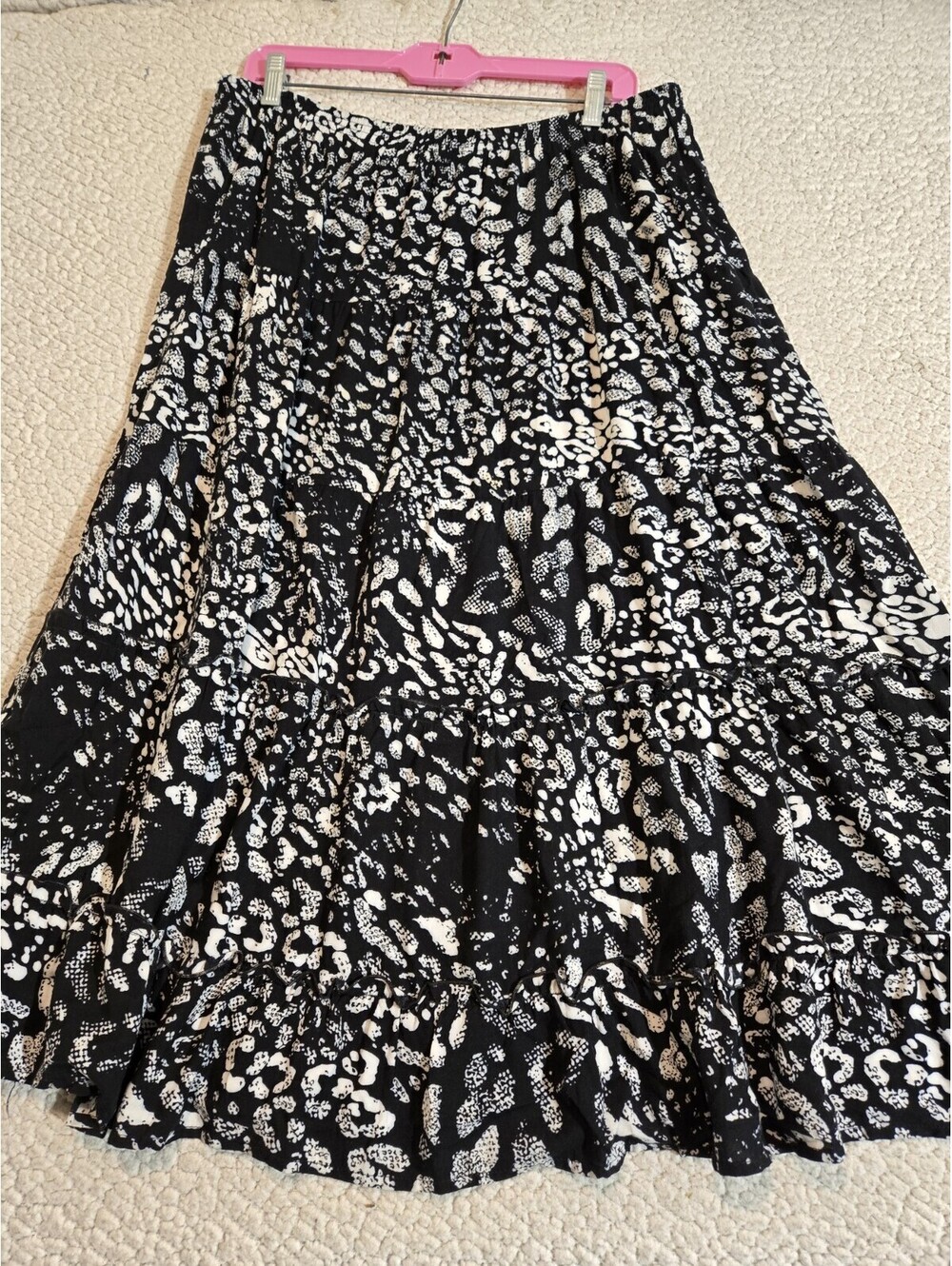Abraham Printed Tiered Midi Skirt Sz L Black White Boho Hippy Goth Grunge Pheasa